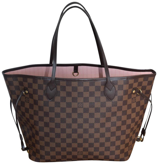 29. Louis Vuitton Brown Checkered Neverfull MM with Pink Interior- $299